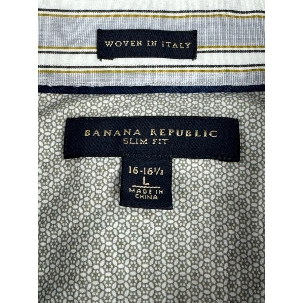 Banana Republic Men's Large Slim Fit Button Down Shirt Gray White Striped Woven